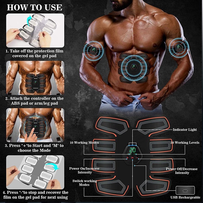 Abdominal Muscle Trainer 10 Modes PU Leather USB Rechargeable Micro