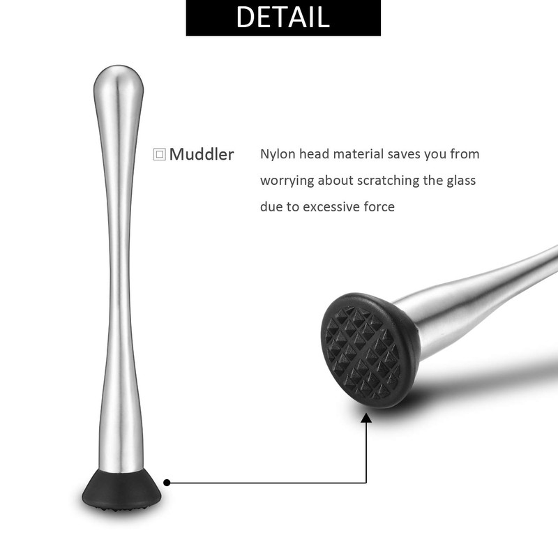 Stainless Steel Muddler for Cocktails,Mixing Spoon and Measuring Jigger,Professional Bar