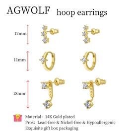 AGWOLF 3 Pairs Gold Hoop Earrings Set Dainty Stud Earrings Trendy Small 14K Gold Plated Hypoallergenic Dangle Cartilage Earrings Huggie for Women Lightweight Gold Hoop Earrings Jewelry