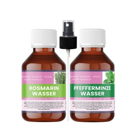 Organic Rosemary Hydrolate & Organic Peppermint Hydrolate - 2 x 250 ml - Includes 1 x Atomiser - 100% Natural Organic Hydrolate - for Skin, Hair & Aroma Care - Nakobe