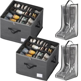 SilTriangle 4 Pack Shoe Storage for Closet 14-18 Pairs Foldable Dust Proof Shoe Boot Storage Container Bags for Sneakers Tall Boots Heels Slippers with Clear Cover Reinforced Handles for Home Travel