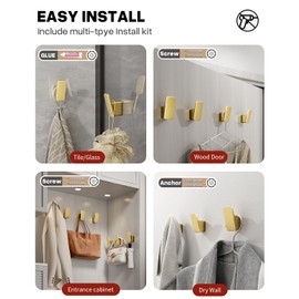 4 Pack Brushed Gold Towel Hook for Bathroom, Robe Coat Hanger, Wall Hooks for Hanging Bag Hat Mudroom Bedroom Kitchen, Adhesive with Heavy Duty Glue or Mount with Screw, Aluminum Holder Outdoor