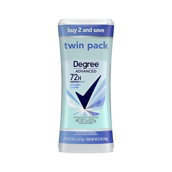 Degree Advanced Antiperspirant Deodorant 72-Hour Sweat & Odor Protection Shower Clean Antiperspirant for Women with MotionSense Technology 2.6 oz Twin Pack
