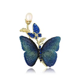 Blue Cubic Zirconia Crystal Butterfly Embroidered Wing Brooch for Women and Girls Exquisite Pearl Flower Lapel Pins Elegant Dress Accessories Wedding Birthday, Metal