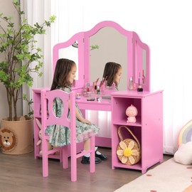 AKUSTIK Kids Vanity, 2 in 1 Pink Wooden Dressing Table and Chair Set for Toddlers with Tri-Folding Detachable Mirror, Storage Shelves, Pretend Princess Beauty Make Up Play Set for Little Girls