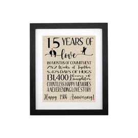 TOBOHU 15 Years Anniversary Burlap Print Framed, Gifts Idea for Husband Wife 15th Anniversary, Couple Romantic Anniversary Decoration, Unique Gifts for Her Him 15th Anniversary
