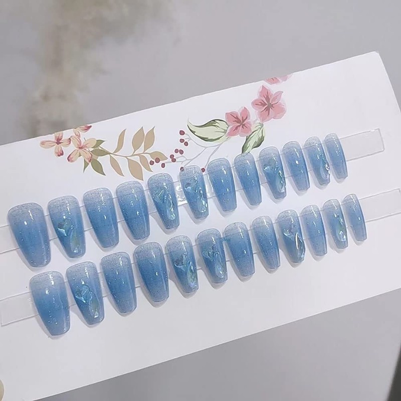 mallnoo Nail Tips, Set of 24, Blue Color, Heart-shaped Relief,