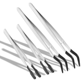 Qjaiune 4Pcs Rubber Tipped Tweezers Set, Craft Tweezers Include 2Pcs Flat, 2Pcs Curved, 304 Stainless Steel, Black