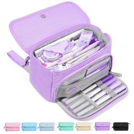 Sooez Super Large Pencil Case, Big Capacity Pencil Bag with 3 Compartments, can hold 100 pencils, Cute Pencil Pouch with Zipper, Portable Stationery Pen Bag, School Supplies For Teen Girls, Purple