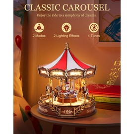 Rowood 3D Wooden Puzzle,Carousel Music Box for Adults Girls,DIY Christmas Collectible Building Model Kit - Classic Carousel