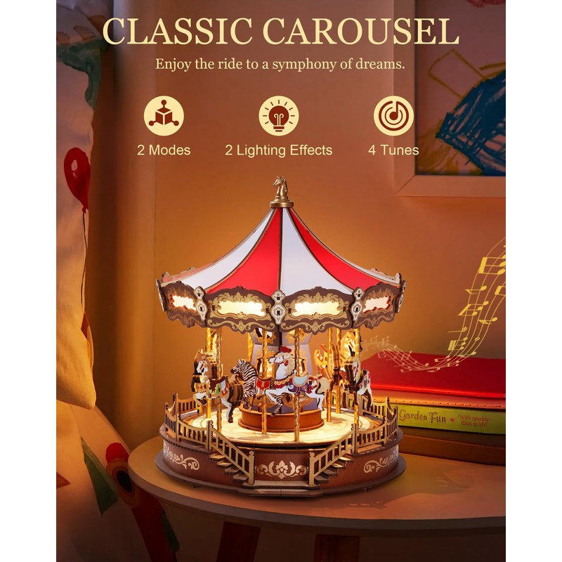 Rowood 3D Wooden Puzzle,Carousel Music Box for Adults Girls,DIY Christmas