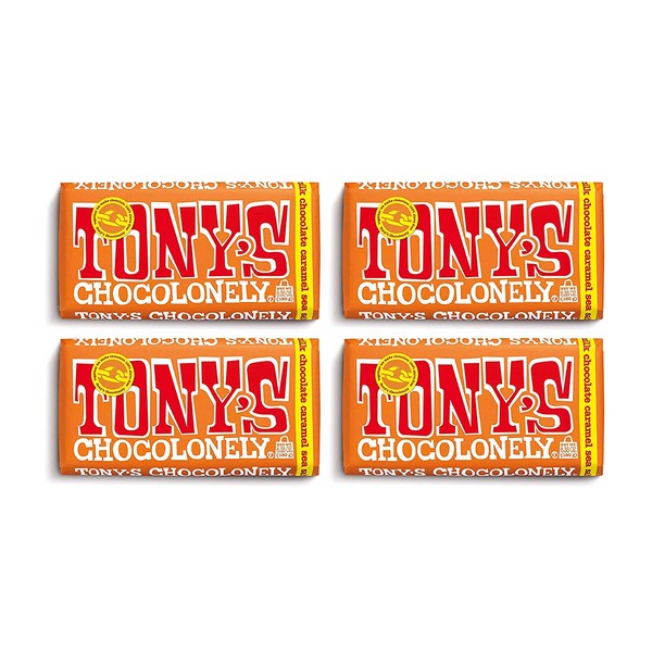 Tony's Chocolonely | Pack of 4 | 32% Milk Chocolate with Caramel and Sea Salt Bar, 6.35 Oz Each