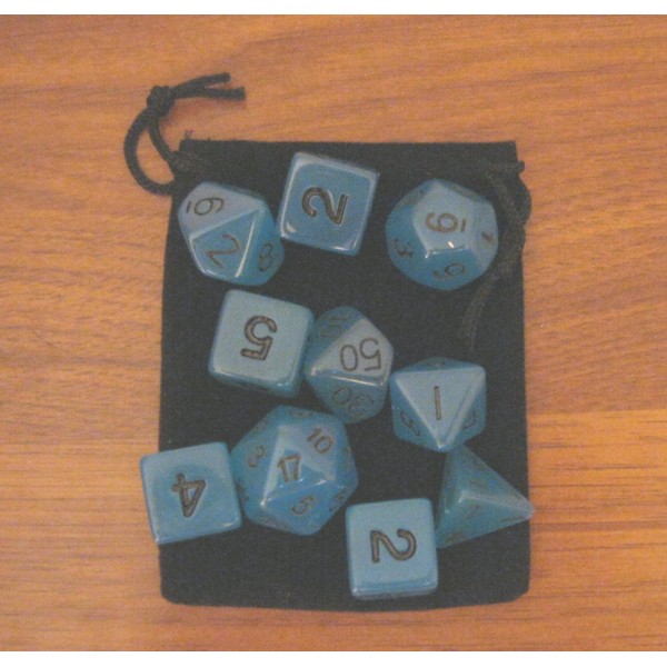 New 16mm GLOW-IN-THE-DARK BLUE rpg d&d Dice Set 7+3d6=10 polyhedral die + bag by Dave's Dice