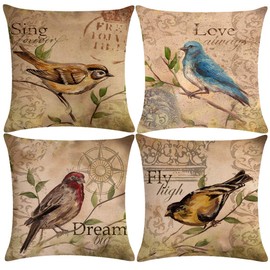 7COLORROOM Set of 4 Vintage Bird Pillow Covers Birds On The Branch with Inspirational Words/Sing/Love/Dream/Fly Cushion Cover Cotton Linen Home Decorative Pillowcases 18”×18” (Dream Birds)