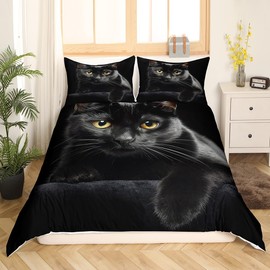 richhome Cat Bedding Set Single Size Cute Kitten Duvet Cover Set for Kids Microfiber Lightweight Comforter Cover Set Mysterious Black Cat Decor