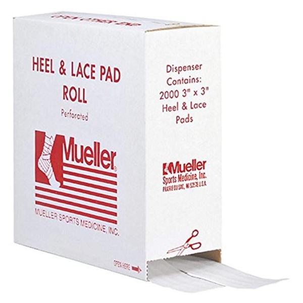 Mueller Heel & Lace Pads, Dispenser, 2000 Pack, 3" x 3" Each, Protect Feet Heels and Area Under Laces, Great for Athletic Trainers, Coaches, and Clinics