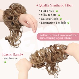 FeidyLong 2PCS Messy Bun Hair Piece Tousled Updo with Tendrils Wavy Curly Hair Bun Scrunchies Ponytail Extension Elastic Band Hairpieces For Women (Light Brown mix Ash Blonde)