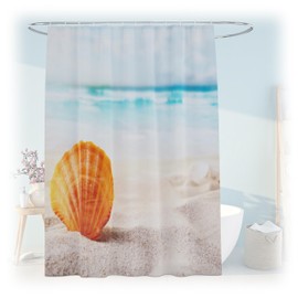 Relaxdays Shower Curtain Shell Bathroom Curtain 180 x 200 cm Anti-Mould Washable 12 Rings Bath Curtain Multicoloured Beach Shelter