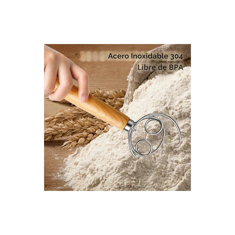 TEEVEA Batidor de masa danesa Mango de madera de acero