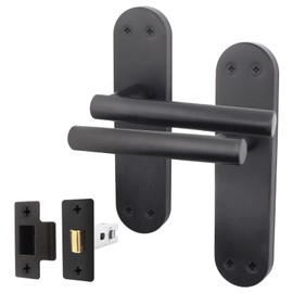 EAI Black Door Handle Latch Set | 1 Pair of Matt Black Internal Lever Latch T-Bar Handles on Backplate & Latch (64mm) | Oliena Range