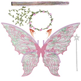 Torajiro Fairy Wings for Adults and GirlsFairy Costume Set with Floral Garland, Fairy Hair Tinsel, Wand & Elf Ears C 29"x21" Organza Butterfly Wings C Ideal for Cosplay, Party, Pink