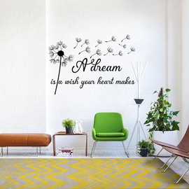 MOVANKRO A Dream is a Wish Your Heart Makes Dandelion - Pure Black Vinyl Carved Wall Decal Without Transparent Edge Removable Art Letters Inspirational Quotes Decor for Home Study Kids Room