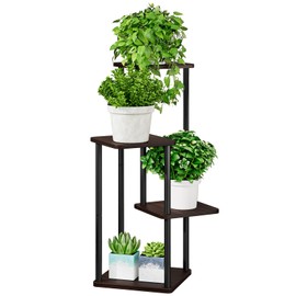 AZERPIAN Plant Stand 4 Tier Indoor Metal Flower Shelf for Multiple Plants Corner Tall Flower Holders for Patio Garden Living Room Balcony Bedroom, Black oak