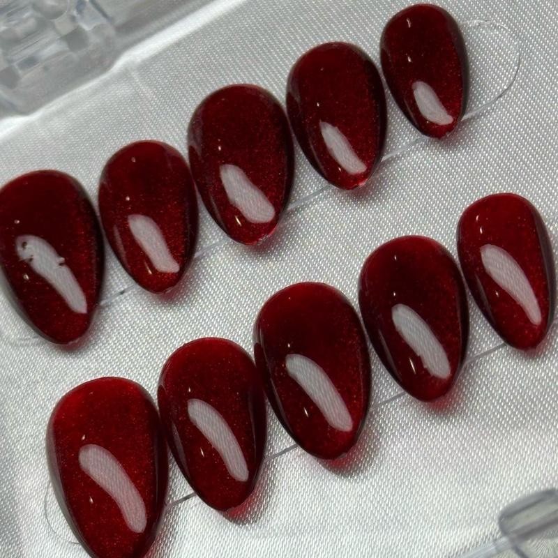 Handmade Press On Nails - Small Almond Cat Eye Red