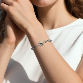 Agriajun Silver Sun Crystal Peridot Flower link Bracelet for Woman, Dainty Adjustable CZ Rhinestone Floral Star Box Chain Bracelets Prom Jewelry Accessories Gifts