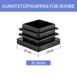 Lamellar Plugs 25 x 25 mm for Square Tubes - Pack of 32 Plastic Pipe Plugs - Square End Caps for Pipe Cover of Chairs, Shelves & Aluminium Profiles, Black