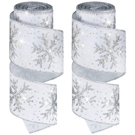 Cinta con Cable de Copo de Nieve de Navidad, 2.5 Pulgadas x 12 Yardas 2 Rollos Cinta de Borde con Alambre de Copo de Nieve Brillante Satinado para Árbol Envoltorio Regalo (Blanco, Plata)