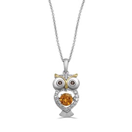 Jewelili Sterling Silver Citrine with Smokey Quartz with Created White Sapphire Whimsical Owl Necklace Pendant, 18” Chain