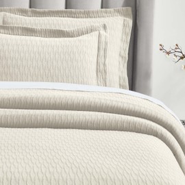 Superior 3 Piece Cotton Bedspread Set, Home Bed Decor, Decorative Bed Spread, 2 Pillow Shams, Medium Weight Blanket, Matelasse Coverlet, Bedding Essentials, Calvert Collection, Queen, Ivory