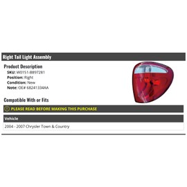 Marketplace Auto Parts Right Passenger Side Tail Light Assembly - Compatible with 2004-2007 Chrysler Town and Country