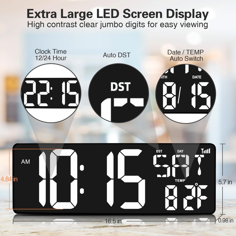 XREXS 16.5 in Large Display Wall Clock with Temperature/Date/Week, LED