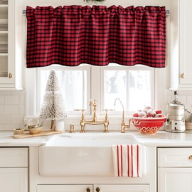 JIUZHEN 42x18 Inch Red and Black Check Valance - Traditional Buffalo Plaid Holiday Style - Blackout Window Curtain Top with Sturdy Rod Pocket