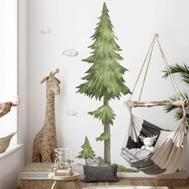 Eutecado Tree Wall Decal Large Pine Tree Wall Sticker for Bedroom Living Room, Watercolor Pine Tree Peel and Stick Wall Art Mural Woodland Clouds Wall Decor for TV Sofa Background Nursery