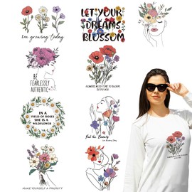 arricraft 9 Pcs Flowers Theme Heat Transfer Film Logo Stickers Set, 9 Styles Inspirational Phrases for Women Heat Transfer Stickers Iron on Decals for T-Shirts Patches Bags Hats DIY Crafts