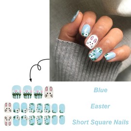 Easter Square Press on Nails Short Blue Fake Nails Cute Bunny Glue on Nails Spring Summer False Nails Fresh Flowers Stick on Nails Reusable Full Cover Acrylic Nails Kit for Women Girls 24Pcs