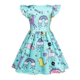 COTRIO Kids Unicorn Dress Rainbow Casual Costume Cartoon Print Flying Sleeve A-line Playwear Clothing Age 7-8 Years
