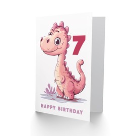Artery8 7th Birthday Card Cute Pink Baby Dinosaur Cartoon Kids Age 7 Year Old Child For Son Daughter Girl Boy Happy Card