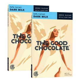 The Good Chocolate Zero Sugar 54% Dark Milk Chocolate Bars, Organic, Keto Friendly, Low Carb, Sugar Free Snacks and Treats, 2.5 Ounce Bars (2 Pack)