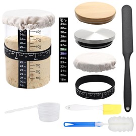 10Pcs Sauerteig Starter Set 900ml Sourdough-Gärglas mit Holzdeckel,Edelstahldeckel,Stoffhut,Gummiband,Thermometerpapier,Silikonspatel,für Brotbacken und Fermentieren