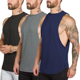 ZUEVI Men's 3 Pack Muscle Cut Off Tank Tops Bodybuilding Fitness Sleeveless Gym Shirts Workout Stringer Tee Shirt (Black&Grey&Navy Blue-M)