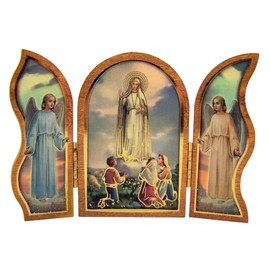 Gold Embossed Our Lady of Fatima Icon Folding Wooden Triptych, 3 1/2 Inch