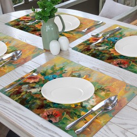 Painting Placemats Set of 6, Heat Resistant Place Mats for Kitchen Table, Floral Placemat for Holiday Banquet Kitchen Table Decor, Non-Slip Table Mats, Washable Material for Dining Table