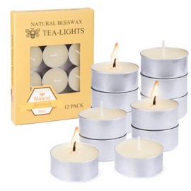 Natural Ivory White Beeswax Tealight Candles in Metal Aluminum Cup - Organic Small Candle Natural Scent Smokeless 4-5 Hours Burning - Pack of 12