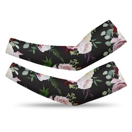 Xmkltbz 1 Pair Cooling Arm Sleeves, Unisex Warmer Spandex Sports Cover Uv Sun Protection for Cycling Golf Running 2XL Print Seamless Pink White Roses Light Blue Succulent Green Leaves on Dark