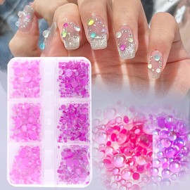 Mermaid Tears Two Colors 6 Jars ABS Half Pearls for Crafts Flatback Nails Pearls Bead Flat Back Pearls Gems for Nail Art Makeup, Shoes, DIY Craft Decorations 2-4mm (Red)