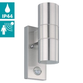 EGLO LED Außen-Wandlampe Riga 5, 2 flammige Außenleuchte inkl. Bewegungsmelder, Sensor-Wandleuchte aus Edelstahl in Silber und Glas, IP44